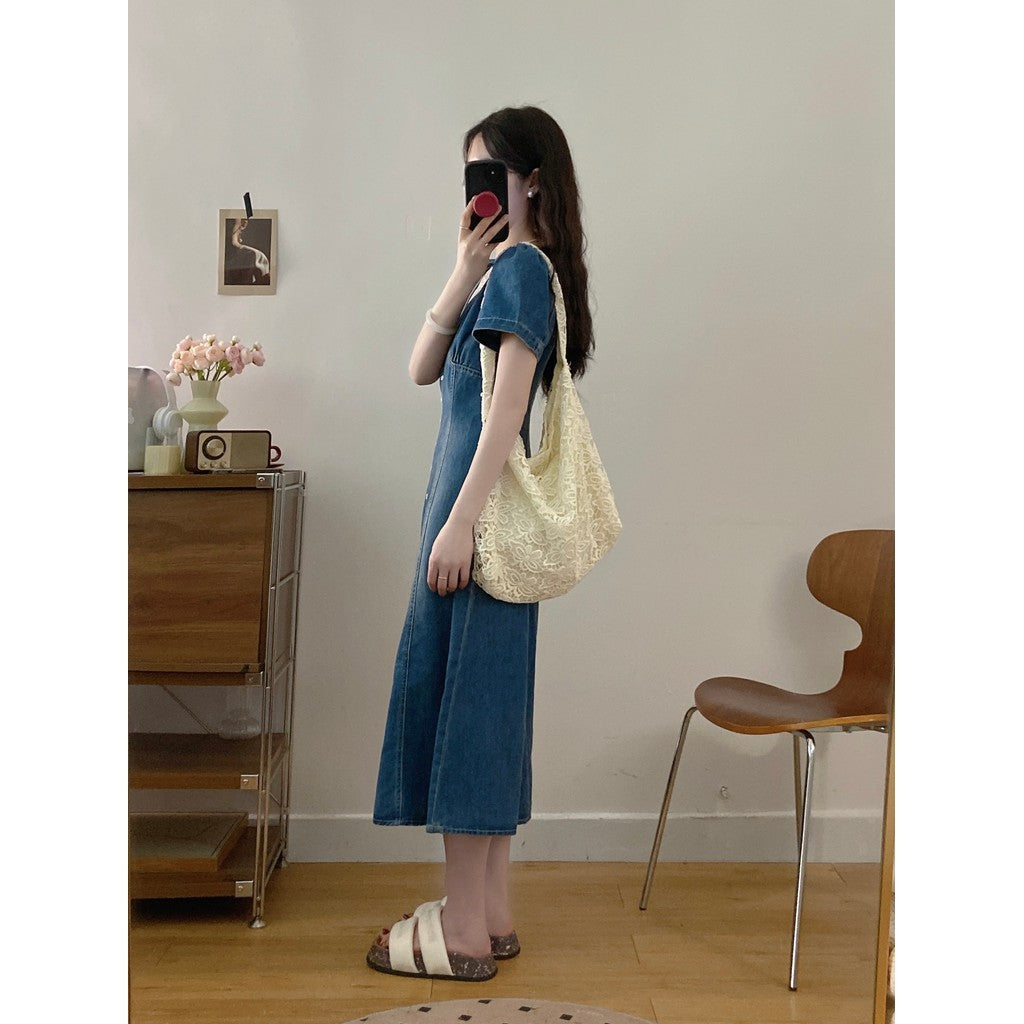 9213L-大码女装短袖花边连衣裙2025夏季新款胖mm拉链收腰显瘦长裙子