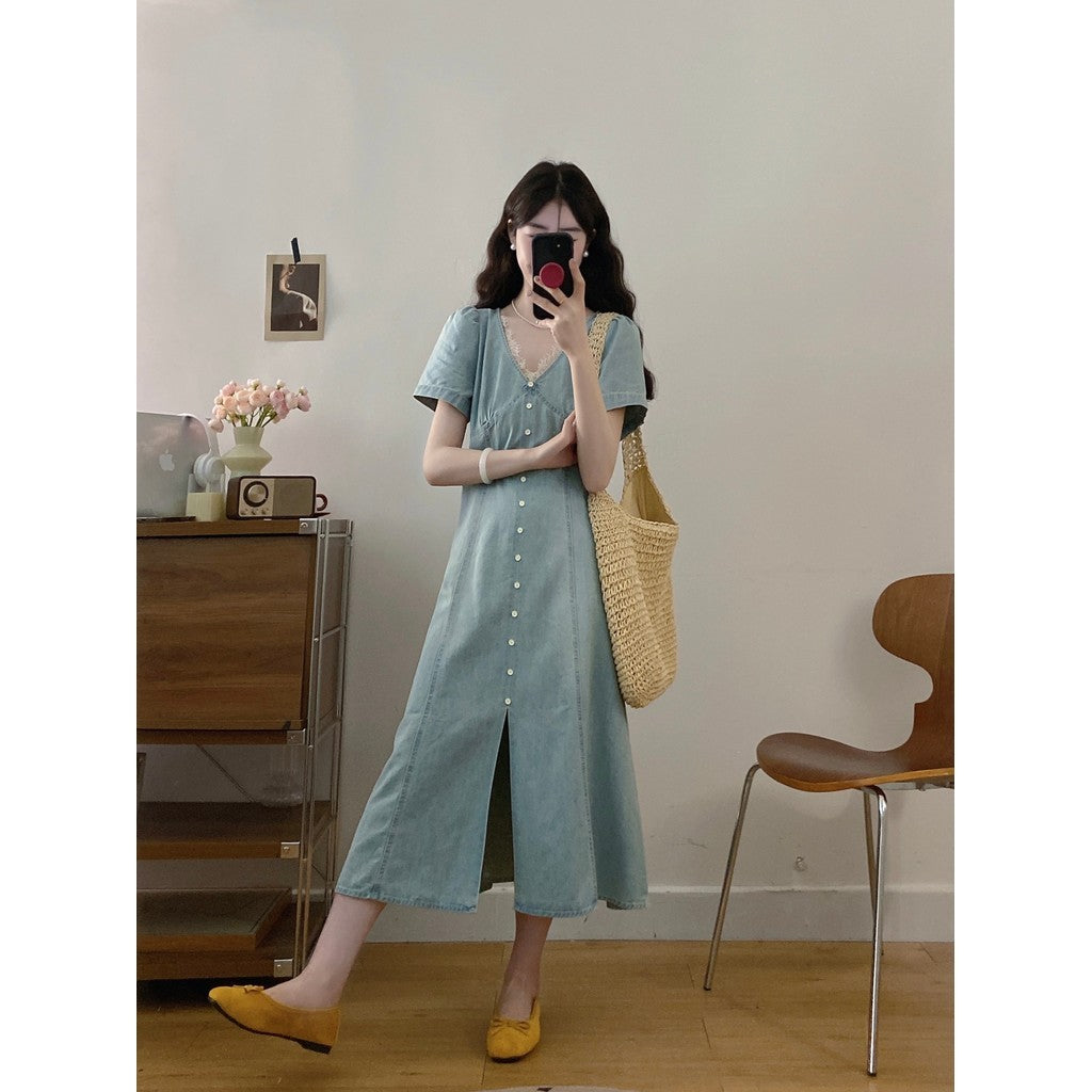 9213L-大码女装短袖花边连衣裙2025夏季新款胖mm拉链收腰显瘦长裙子