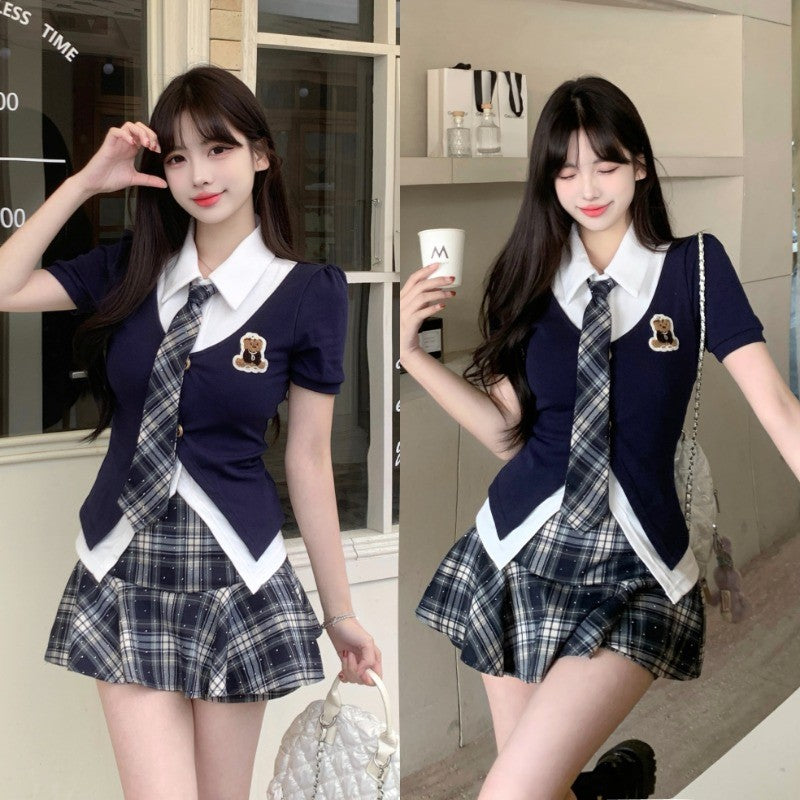 915L_大碼韓式女裝 100kg可穿 薄荷汽水紺夏款少女薄荷漫波顯瘦假兩件上衣格紋短裙女 裙子 女裝