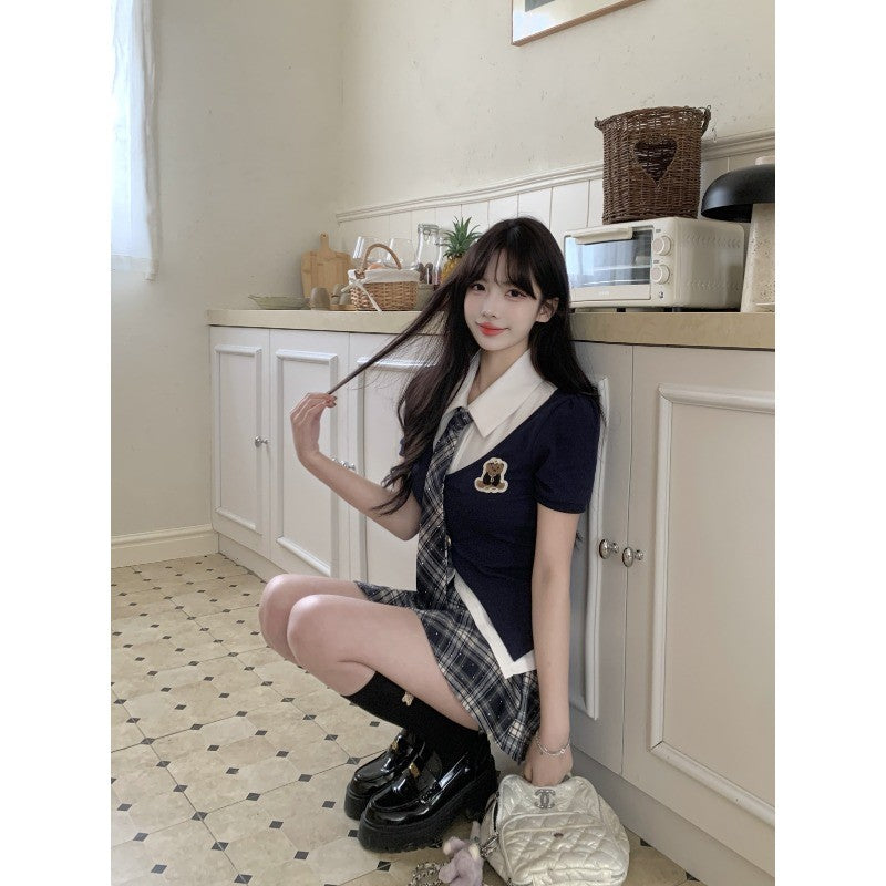 915L_大碼韓式女裝 100kg可穿 薄荷汽水紺夏款少女薄荷漫波顯瘦假兩件上衣格紋短裙女 裙子 女裝