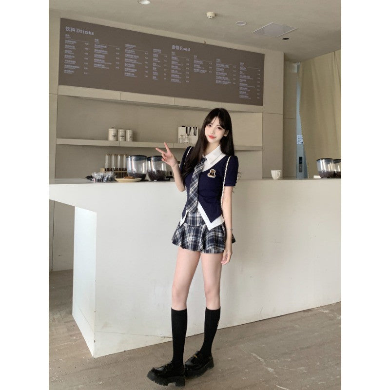 915L_大碼韓式女裝 100kg可穿 薄荷汽水紺夏款少女薄荷漫波顯瘦假兩件上衣格紋短裙女 裙子 女裝