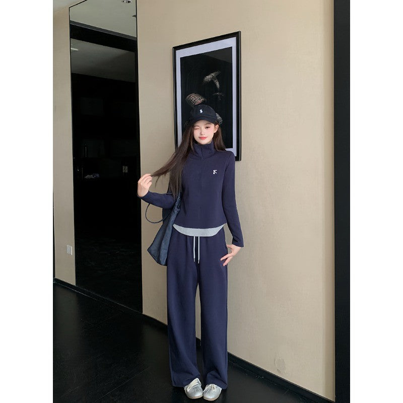 36011L_秋裝新款胖mm大碼女假兩件半開領刺繡上衣闊腿褲套裝