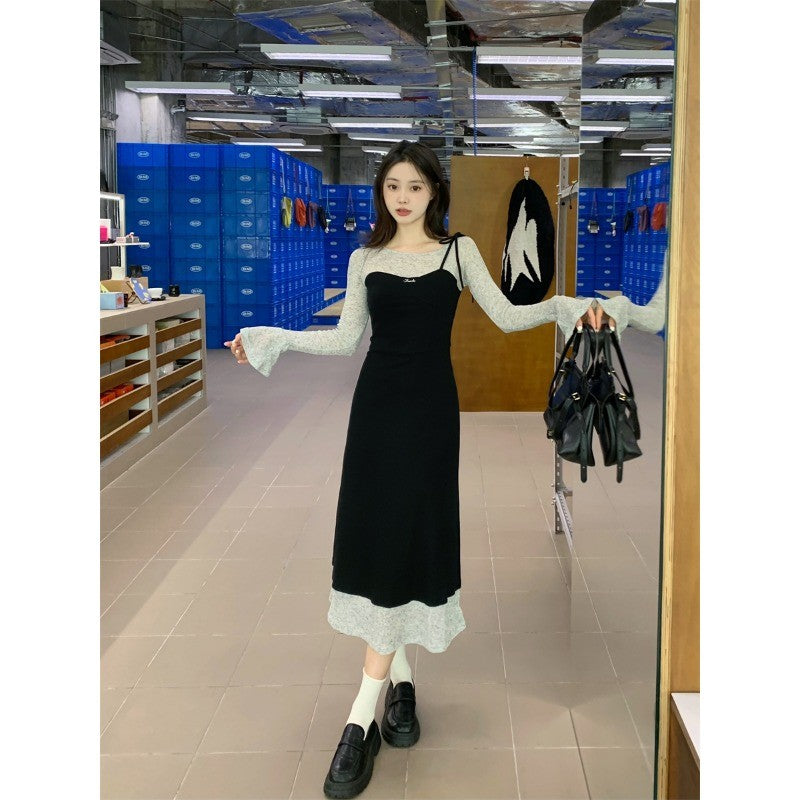 673L_大碼女裝2025胖mm秋季新款法式假兩件修身喇叭袖連衣裙