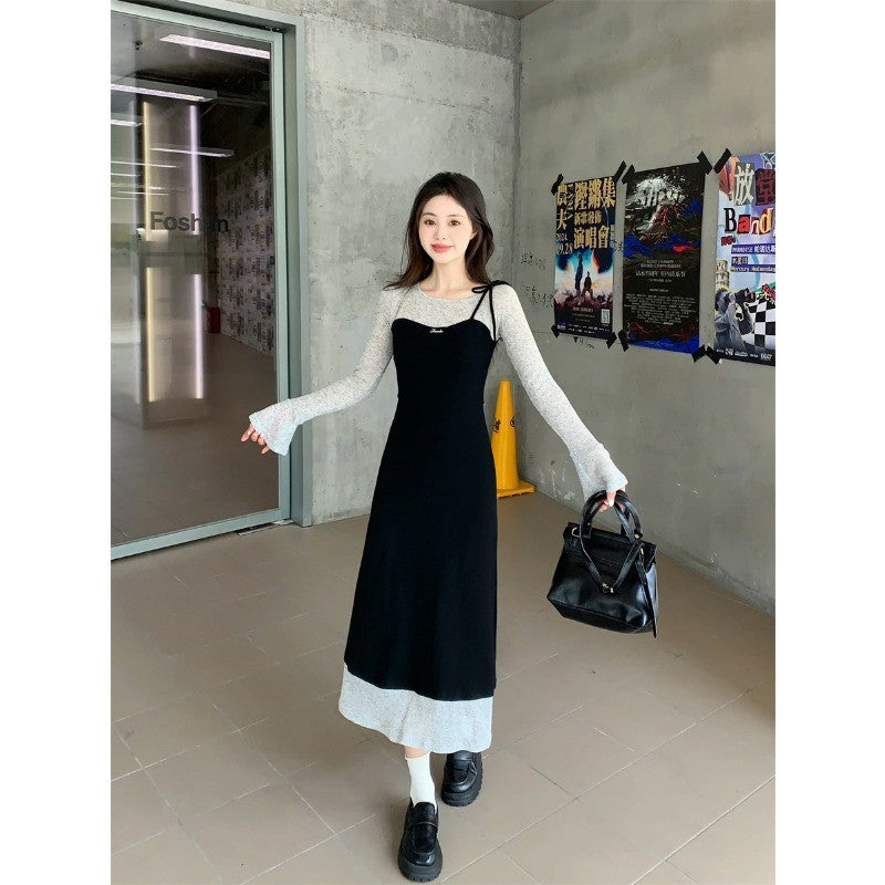 673L_大碼女裝2025胖mm秋季新款法式假兩件修身喇叭袖連衣裙