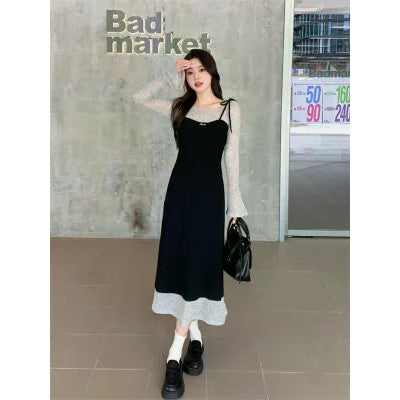 673L_大碼女裝2025胖mm秋季新款法式假兩件修身喇叭袖連衣裙