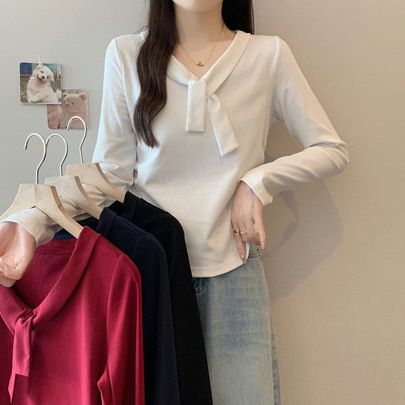36065L_秋裝新款胖mm大碼女甜美時尚綁帶弧形長袖內搭上衣