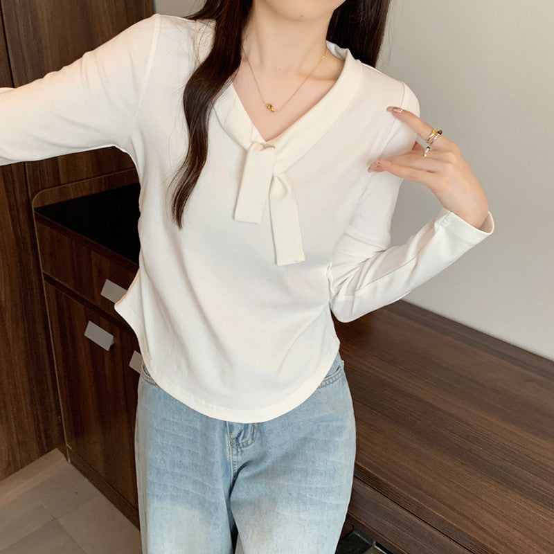 36065L_秋裝新款胖mm大碼女甜美時尚綁帶弧形長袖內搭上衣