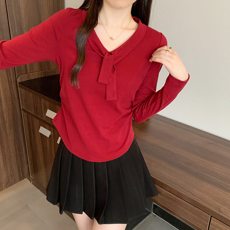 36065L_秋裝新款胖mm大碼女甜美時尚綁帶弧形長袖內搭上衣