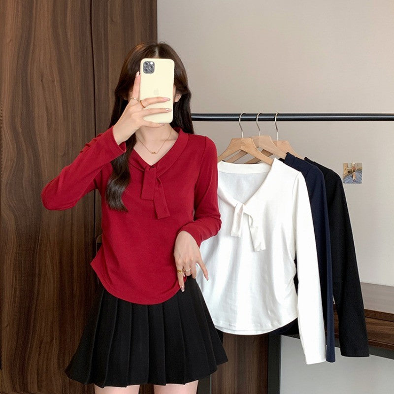 36065L_秋裝新款胖mm大碼女甜美時尚綁帶弧形長袖內搭上衣