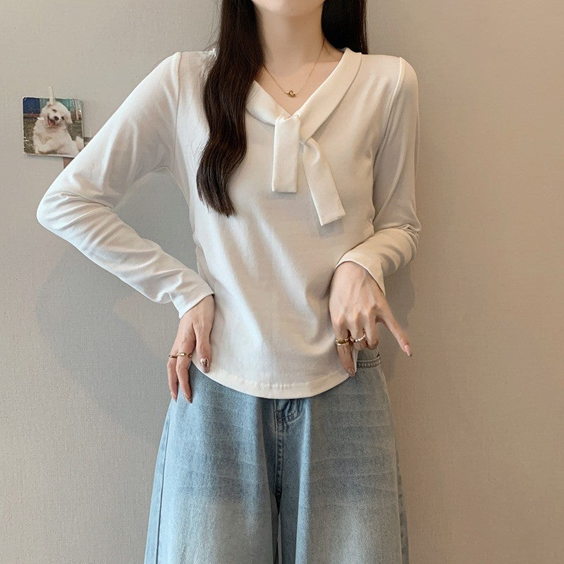 36065L_秋裝新款胖mm大碼女甜美時尚綁帶弧形長袖內搭上衣