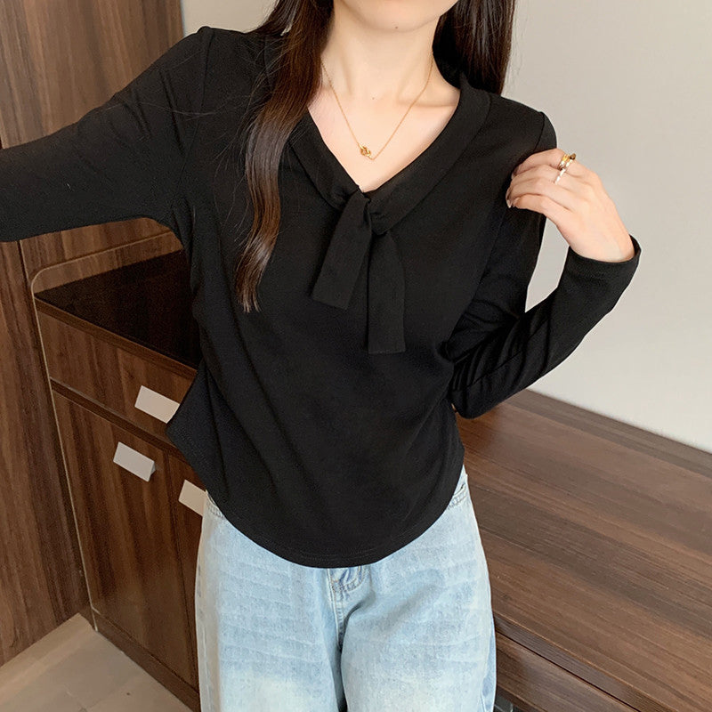 36065L_秋裝新款胖mm大碼女甜美時尚綁帶弧形長袖內搭上衣