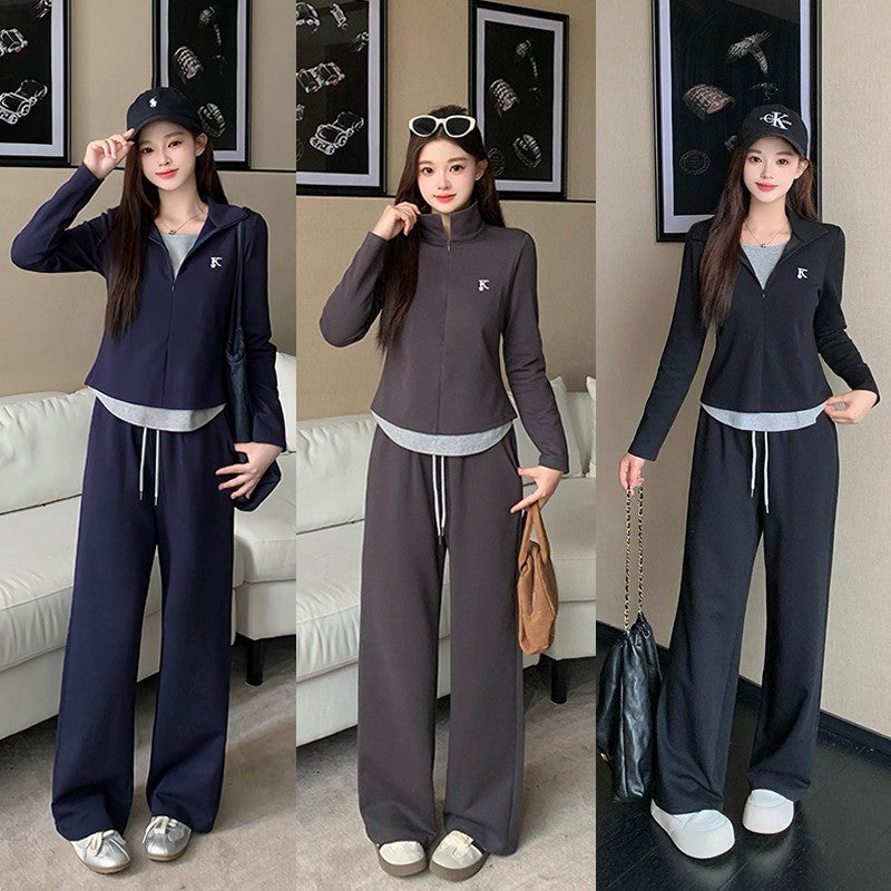 36011L_秋裝新款胖mm大碼女假兩件半開領刺繡上衣闊腿褲套裝