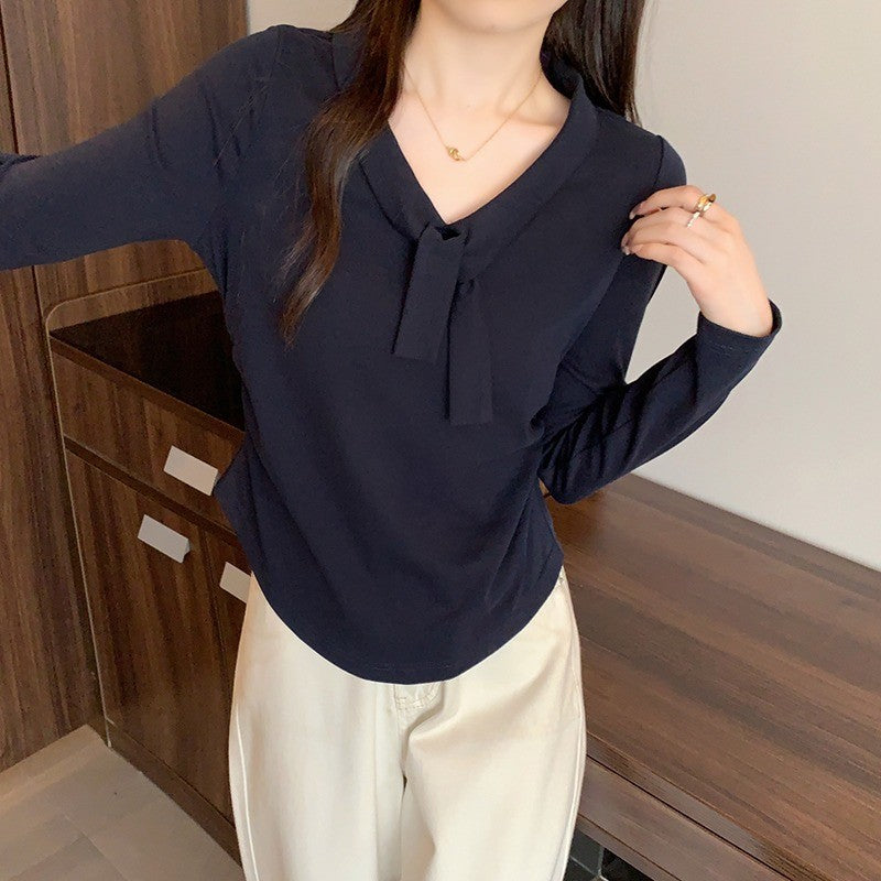 36065L_秋裝新款胖mm大碼女甜美時尚綁帶弧形長袖內搭上衣