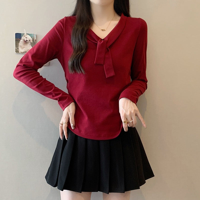 36065L_秋裝新款胖mm大碼女甜美時尚綁帶弧形長袖內搭上衣
