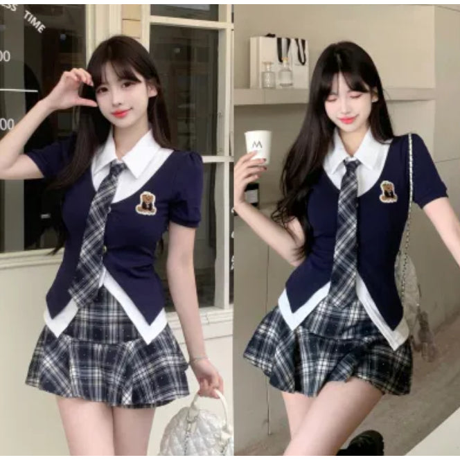 915L_大碼韓式女裝 100kg可穿 薄荷汽水紺夏款少女薄荷漫波顯瘦假兩件上衣格紋短裙女 裙子 女裝