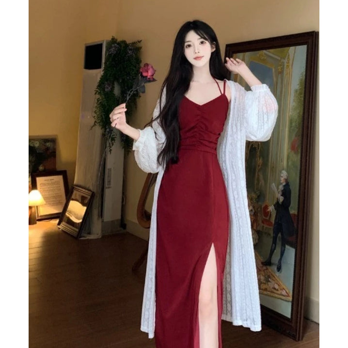 A6877L_大碼女裝胖mm法式性感顯瘦酒紅色玫瑰吊帶連衣裙蕾絲開衫兩件套裙