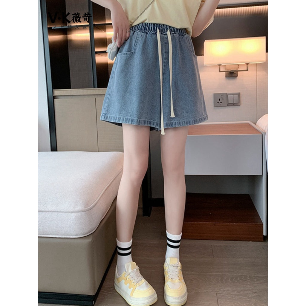 8911L-韓版簡約牛仔短褲女 夏季大碼薄款抽繩胯大腿粗寬鬆a字卷邊闊腿熱褲潮 褲子 短褲